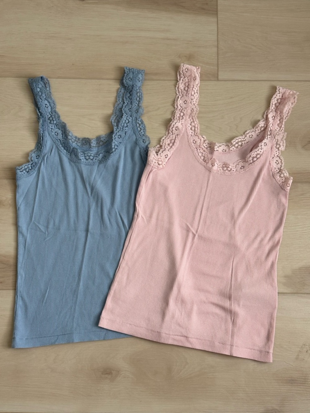 GAP Lace-Trim Ribbed Camisoles in Dusty Blue and Blush Pink